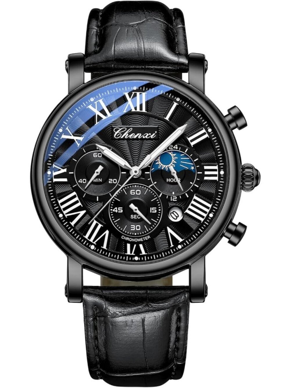 Men's All Black Multifunctional Military Leather Sports Analog Chronograph Watch